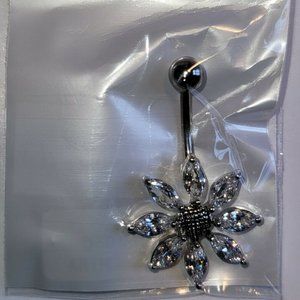 Flower Fancy Belly Button Navel RIng Titanium Shaft/Rhodium Plated Clear
